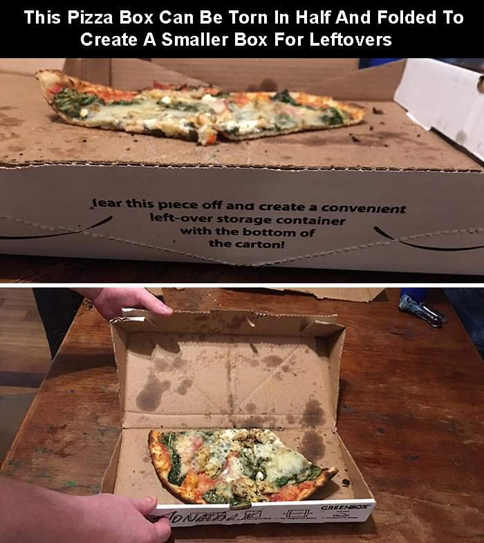 This Pizza Box Can Be Torn In Half And Folded To Create A Smaller Box For Leftovers fear this piece off and create a convenient leftover storage container with the bottom of the carton! To VALBA_