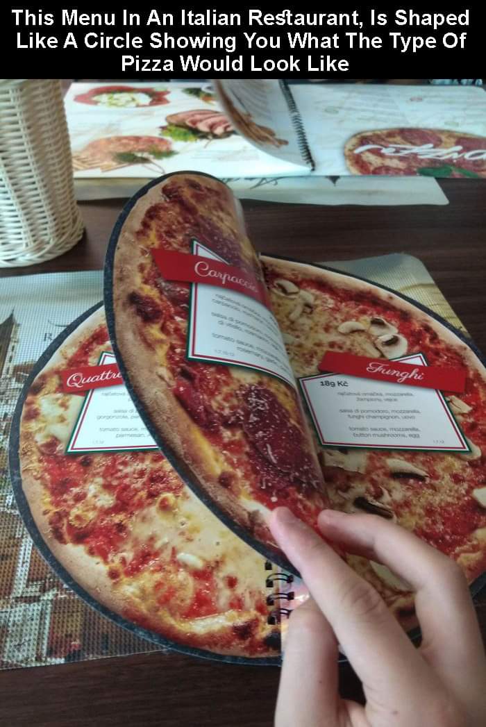 italian creative menu - This Menu In An Italian Restaurant, Is Shaped A Circle Showing You What The Type Of Pizza Would Look Carpackie Funghi Quattre 189 K