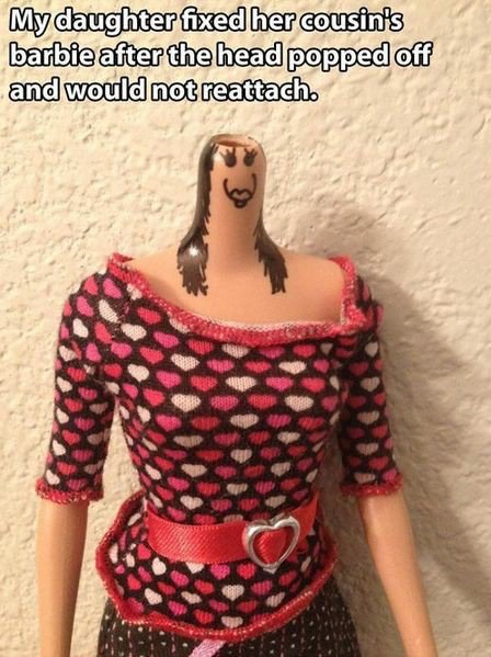 creepy pics - barbie with no head - My daughter fixed her cousin's barbie after the head popped off and would not reattach.