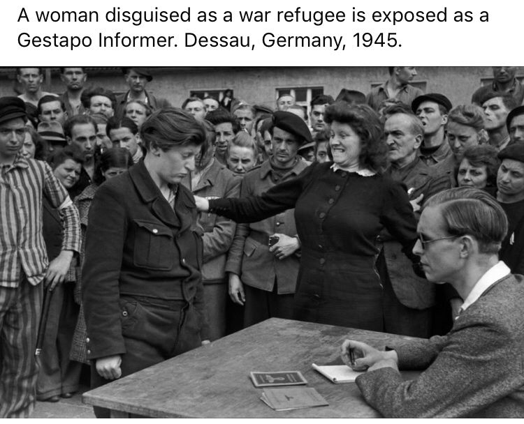 henri cartier bresson dessau - A woman disguised as a war refugee is exposed as a Gestapo Informer. Dessau, Germany, 1945.