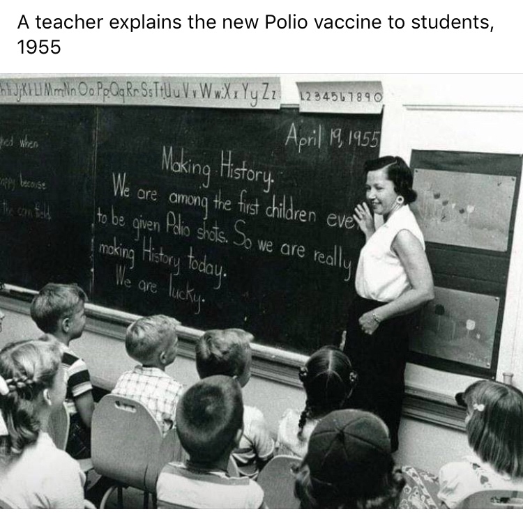 1950s school teacher with blackboard - A teacher explains the new Polio vaccine to students, 1955 Wij;XFLMmNn O. Po Qa Rr SThu u V W wxX YyZ2_ Making History. We are among the first children eve to be given Pelio shots. So we are really moking History tod