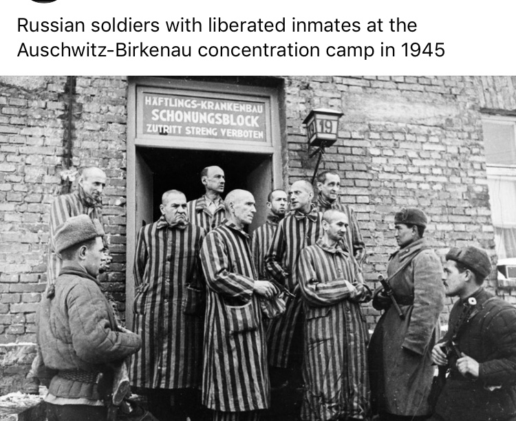 auschwitz liberation - Russian soldiers with liberated inmates at the AuschwitzBirkenau concentration camp in 1945 HaftlingsKrankenbau Schonungsblock Zutritt Streng Verboten