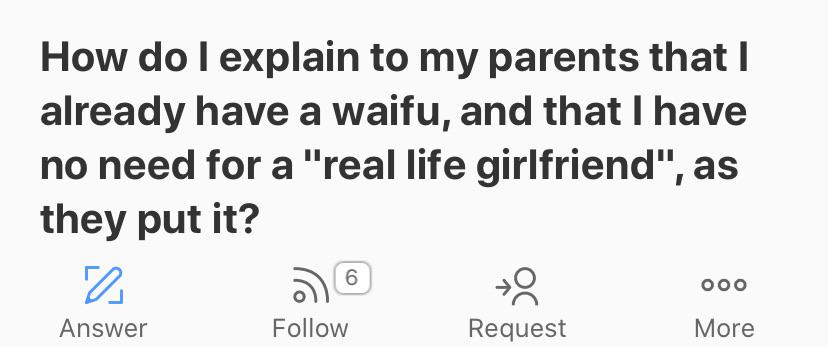 How do I explain to my parents that I already have a waifu, and that I have no need for a "real life girlfriend", as they put it? a 000 More Answer Request