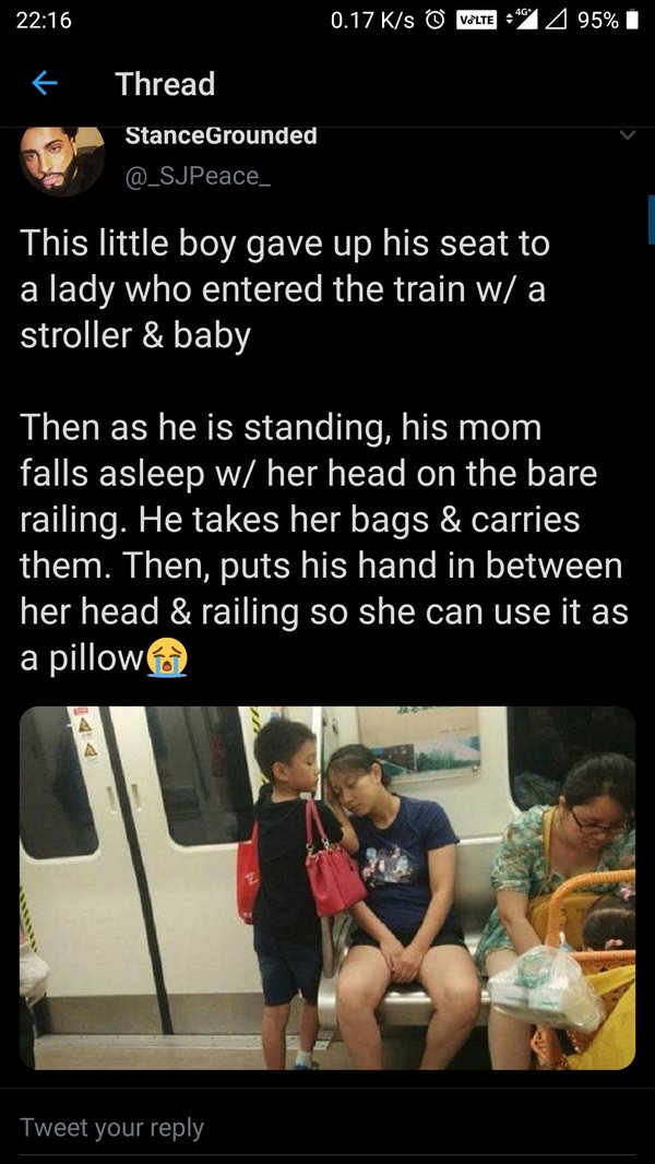 Internet meme - 0.17 Ks Valte" A 95% I Thread StanceGrounded This little boy gave up his seat to a lady who entered the train w a stroller & baby Then as he is standing, his mom falls asleep w her head on the bare railing. He takes her bags & carries them