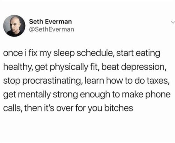 Health - Seth Everman Everman once i fix my sleep schedule, start eating healthy, get physically fit, beat depression, stop procrastinating, learn how to do taxes, get mentally strong enough to make phone calls, then it's over for you bitches