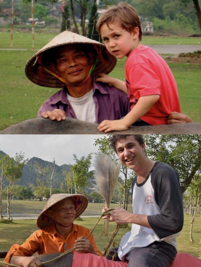 In 2005, my family visited Ninh Binh province of Vietnam and my 4-year-old brother took a pic on a water buffalo with its owner. In 2020 we returned for the first time and met the same man and the same water buffalo