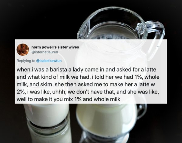 milk public domain - norm powell's sister wives when i was a barista a lady came in and asked for a latte and what kind of milk we had. i told her we had 1%, whole milk, and skim. she then asked me to make her a latte w 2%, i was , uhhh, we don't have tha