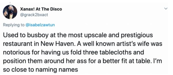 Kim Mingyu - Xanax! At The Disco Used to busboy at the most upscale and prestigious restaurant in New Haven. A well known artist's wife was notorious for having us fold three tablecloths and position them around her ass for a better fit at table. I'm so c