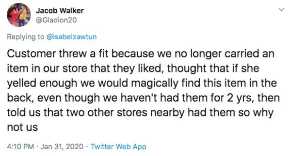 trump racist hurricane facebook post - Jacob Walker Customer threw a fit because we no longer carried an item in our store that they d, thought that if she yelled enough we would magically find this item in the back, even though we haven't had them for 2 