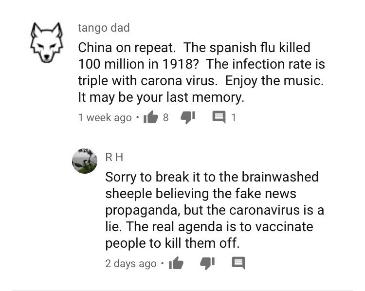 wolf millionaire - tango dad China on repeat. The spanish flu killed 100 million in 1918? The infection rate is triple with carona virus. Enjoy the music. It may be your last memory. 1 week ago.it 8 4 51 Rh Sorry to break it to the brainwashed sheeple bel