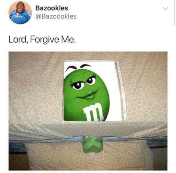 green m&m meme lord forgive me - Bazookles Wly Lord, Forgive Me.