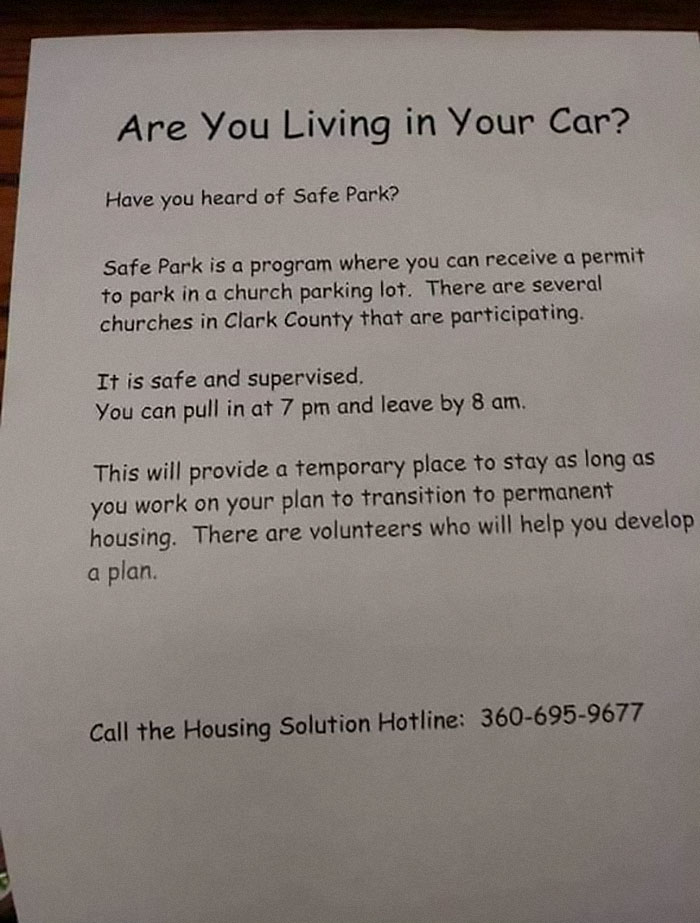 document - Are You Living in Your Car? Have you heard of Safe Park? Safe Park is a program where you can receive a permit to park in a church parking lot. There are several churches in Clark County that are participating. It is safe and supervised. You ca
