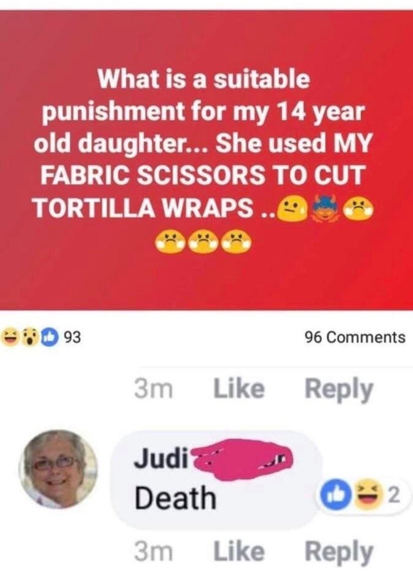 suitable punishment fabric scissors - What is a suitable punishment for my 14 year old daughter... She used My Fabric Scissors To Cut Tortilla Wraps .. 93 96 3m Judi Death 3m 032