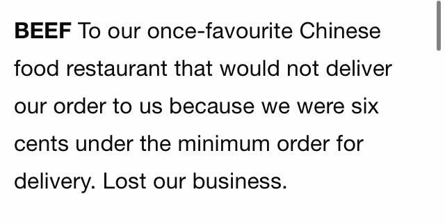 heroes of olympus memes - Beef To our oncefavourite Chinese food restaurant that would not deliver our order to us because we were six cents under the minimum order for delivery. Lost our business.