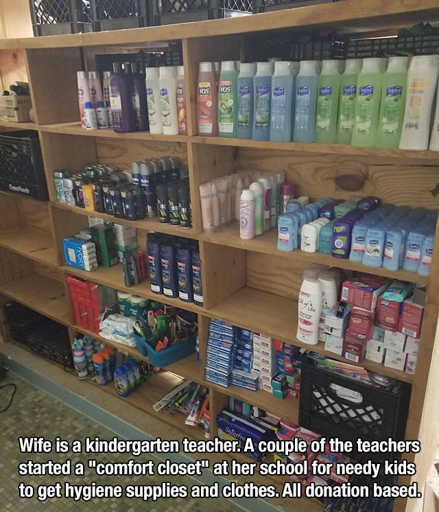 comfort closet school - Tvory 0 Wife is a kindergarten teacher. A couple of the teachers started a "comfort closet" at her school for needy kids to get hygiene supplies and clothes. All donation based.