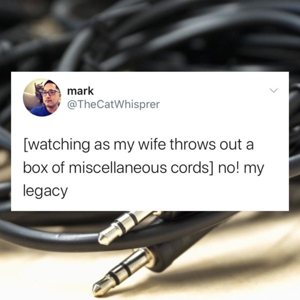 cable - mark watching as my wife throws out a box of miscellaneous cords no! my legacy