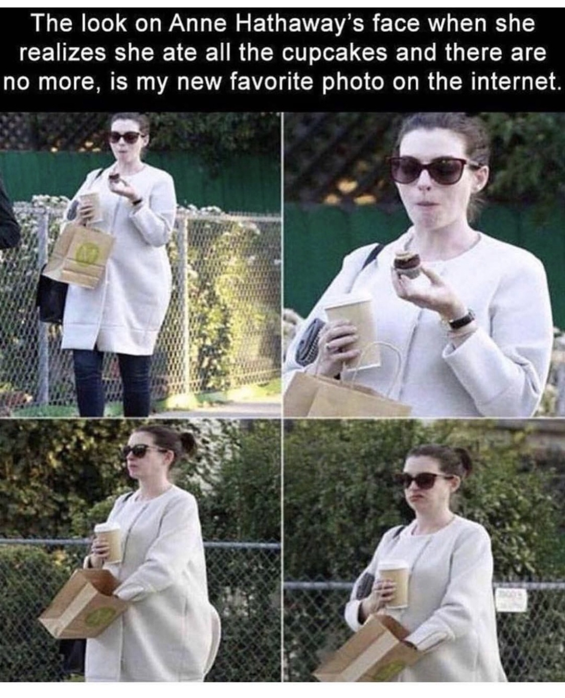 anne hathaway cupcakes - The look on Anne Hathaway's face when she realizes she ate all the cupcakes and there are no more, is my new favorite photo on the internet.