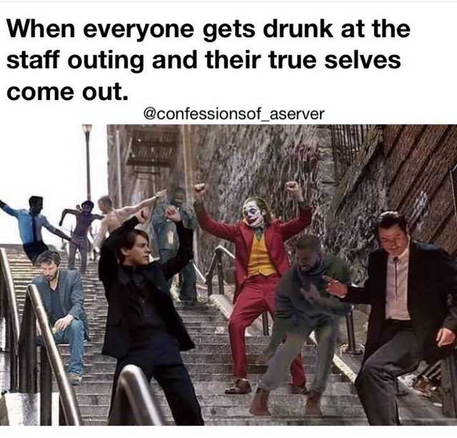 joker and peter parker dancing memes - When everyone gets drunk at the staff outing and their true selves come out.