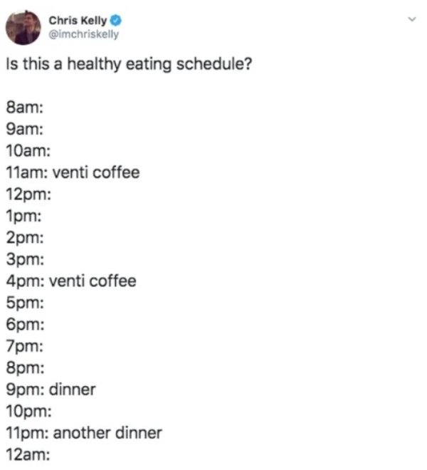 document - Chris Kelly Is this a healthy eating schedule? Bam Sam 10am 11am venti coffee 12pm 1pm 2pm 3pm 4pm venti coffee 5pm 6pm 7pm 8pm 9pm dinner 10pm 11pm another dinner 12am