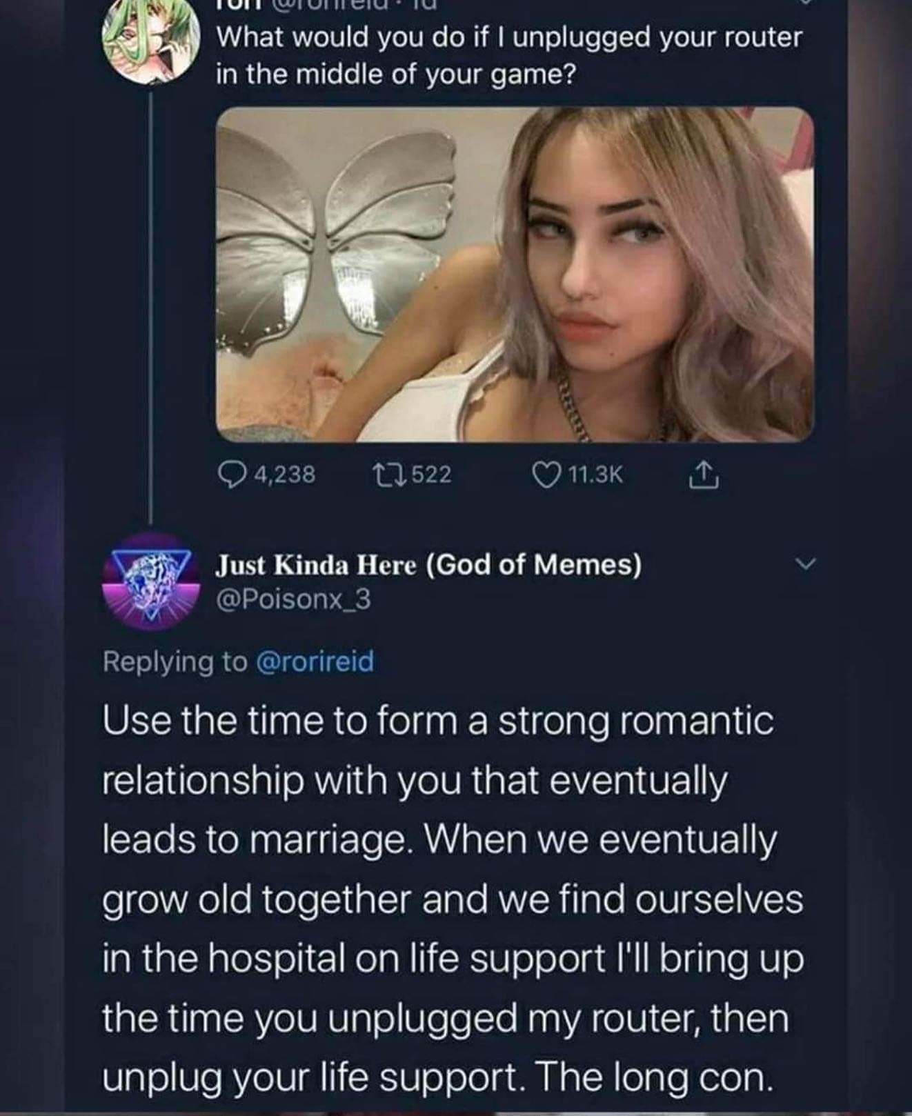 photo caption - TUUWIUTeiului What would you do if I unplugged your router in the middle of your game? 4,238 27522 V 1 Just Kinda Here God of Memes Use the time to form a strong romantic relationship with you that eventually leads to marriage. When we eve