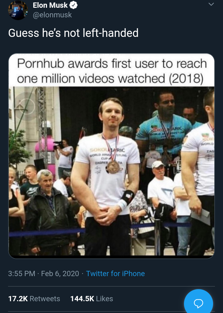 pornhub awards first user to reach one million videos watched - Elon Musk Guess he's not lefthanded Pornhub awards first user to reach one million videos watched 2018 Twitter for iPhone