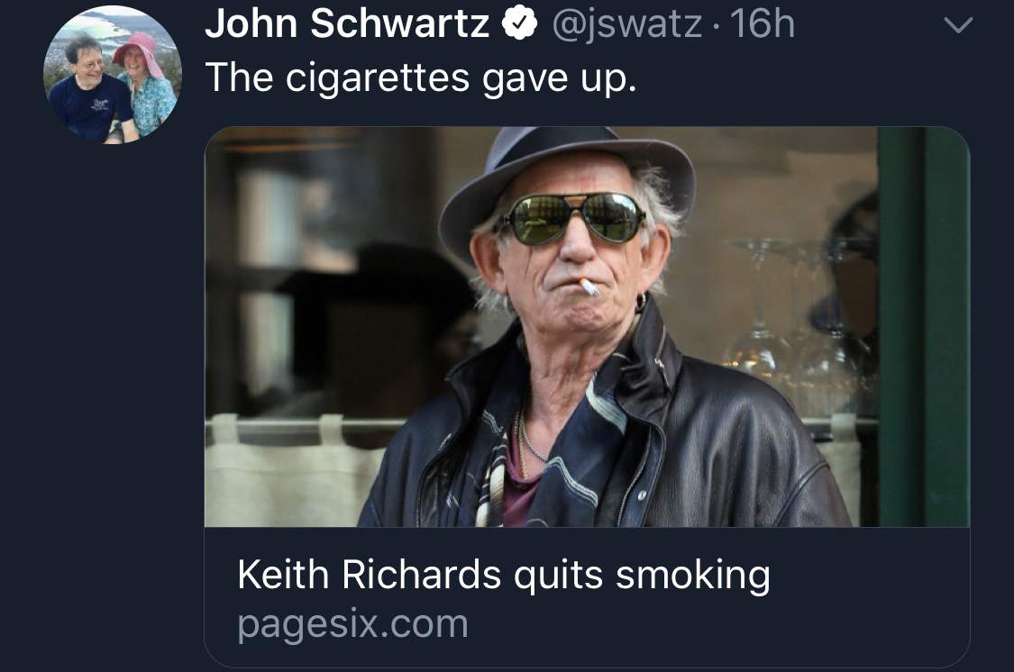 photo caption - John Schwartz . 16h The cigarettes gave up. Keith Richards quits smoking pagesix.com