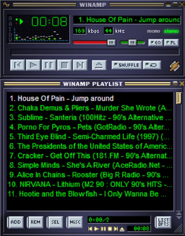 winamp music player - Winamp K . 1. House Of Pain Jump around 169 kbps 44 kHz mono steno U Perfpl K O Ma Shuffle Po Winamp Playlist 1. House Of Pain Jump around 2. Chaka Demus & Pliers Murder She Wrote A. 3. Sublime Santeria 100Hitz 90's Alternative 4. Po