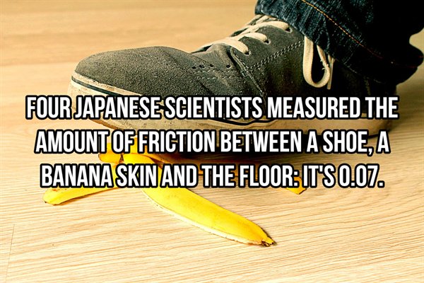 shoe - Four Japanese Scientists Measured The Amount Of Friction Between A Shoe, A Bananaskin And The Floor It'S 0.07.