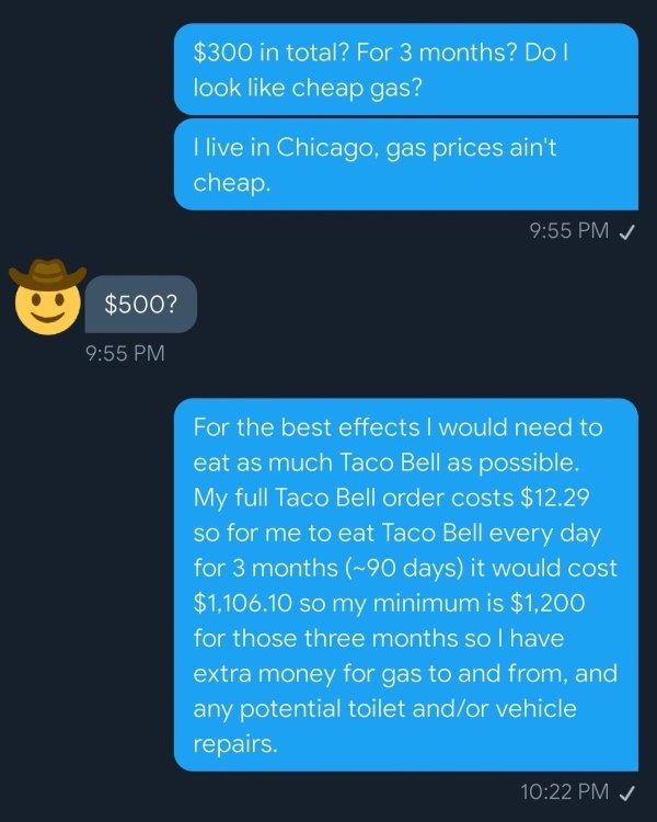 online advertising - $300 in total? For 3 months? Do ! look cheap gas? I live in Chicago, gas prices ain't cheap. $500? For the best effects I would need to eat as much Taco Bell as possible. My full Taco Bell order costs $12.29 so for me to eat Taco Bell