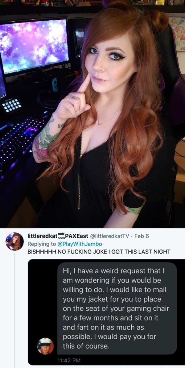 girl - littleredkat Soon PAXEast . Feb 6 Bishhhhh No Fucking Joke I Got This Last Night Hi, I have a weird request that I am wondering if you would be willing to do. I would to mail you my jacket for you to place on the seat of your gaming chair for a few