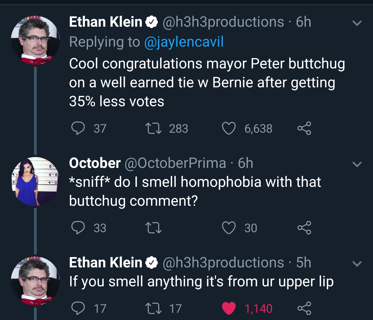 presentation - Ethan Klein 6h v Cool congratulations mayor Peter buttchug on a well earned tie w Bernie after getting 35% less votes 237 22 283 6,638 4 .6 0 October Prima 6h sniff do I smell homophobia with that buttchug comment? 0 33 22 30 g v Ethan Klei
