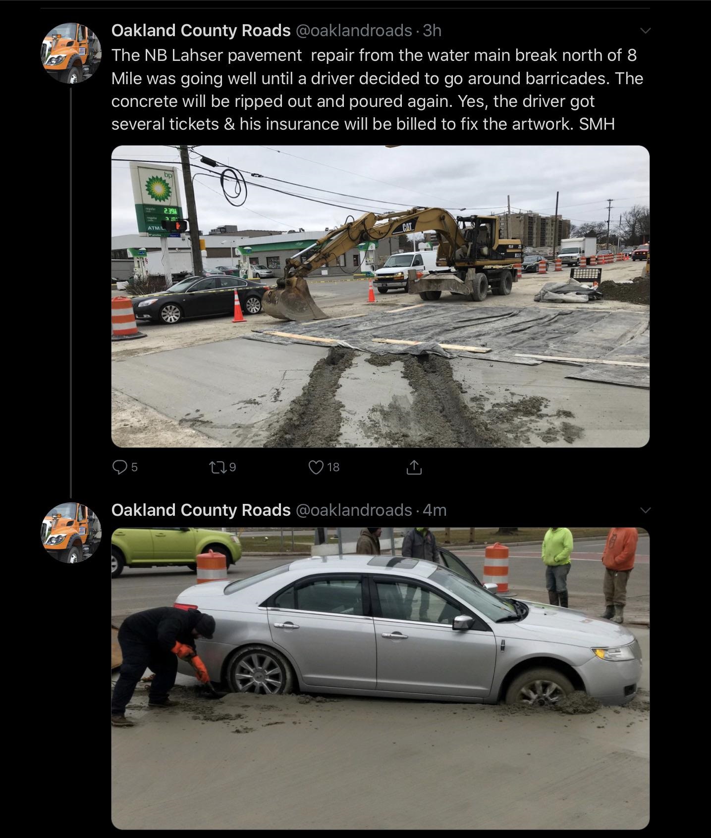 family car - Oakland County Roads 3h The Nb Lahser pavement repair from the water main break north of 8 Mile was going well until a driver decided to go around barricades. The concrete will be ripped out and poured again. Yes, the driver got several ticke