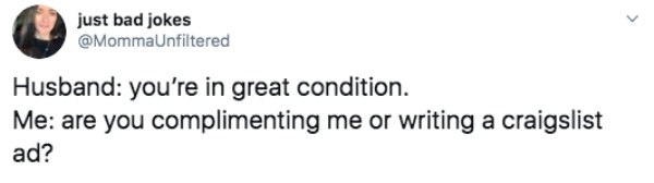 Ashley Fink - just bad jokes Husband you're in great condition. Me are you complimenting me or writing a craigslist ad?