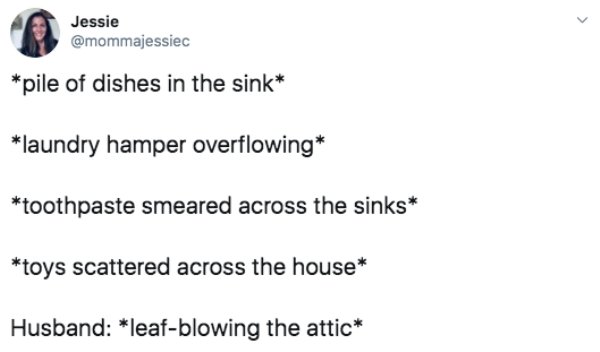 document - Jessie Jessie pile of dishes in the sink laundry hamper overflowing toothpaste smeared across the sinks toys scattered across the house Husband leafblowing the attic