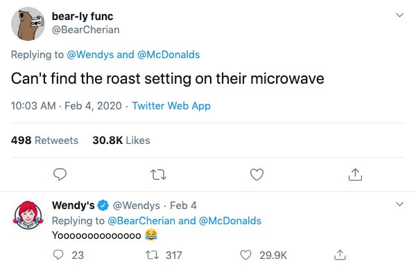 document - bearly func and Can't find the roast setting on their microwave Twitter Web App 498 2 22 Wendy's Feb 4 and Yoooooooooooooo 23 12 317