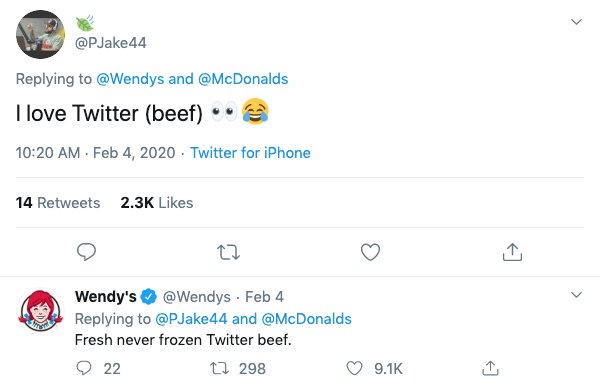 screenshot - 44 and I love Twitter beef . Twitter for iPhone 14 Wendy's Feb 4 44 and Fresh never frozen Twitter beef. 22 12 298