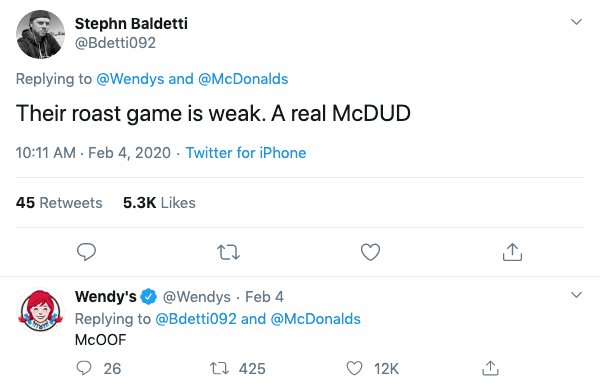 wendy's company - Stephn Baldetti and Their roast game is weak. A real McDUD Twitter for iPhone 45 Wendy's Feb 4 and McOOF 26 12425 12K