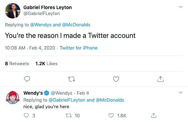 wendy's company - Gabriel Flores Leyton and You're the reason I made a Twitter account Twitter for iPhone 8 Wendy's Feb 4 and nice, glad you're here O 3 12 10