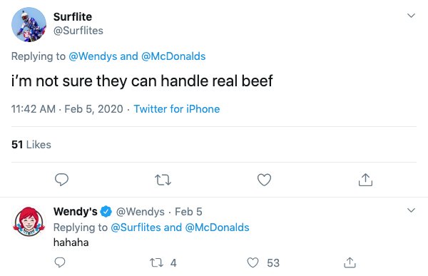 wendy's company - Surflite and i'm not sure they can handle real beef Twitter for iPhone 51 Wendy's Feb 5 and hahaha 124 0 53 I