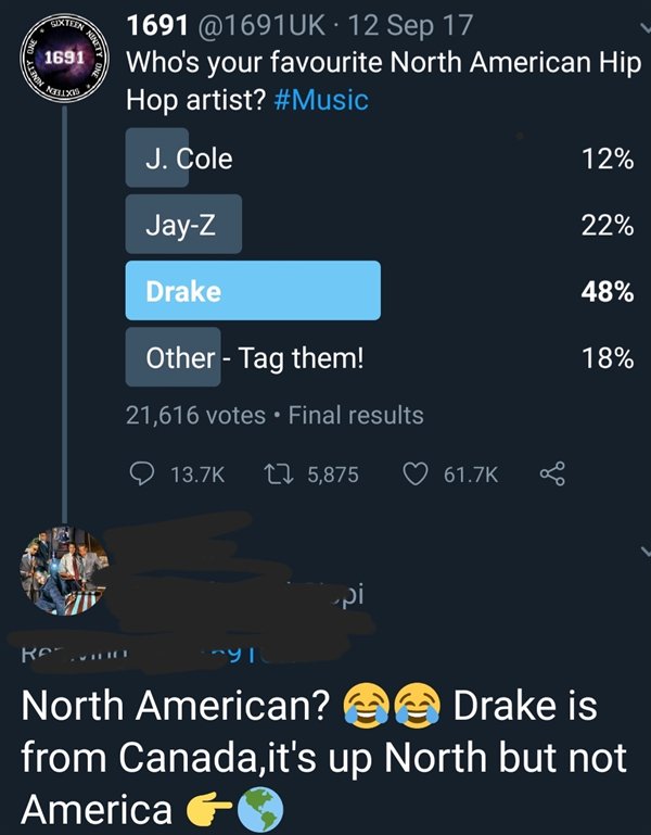 Drake - 1691 1691 12 Sep 17 Who's your favourite North American Hip Hop artist? J. Cole 12% JayZ 22% Drake 48% Other Tag them! 18% 21,616 votes. Final results 22 5,875