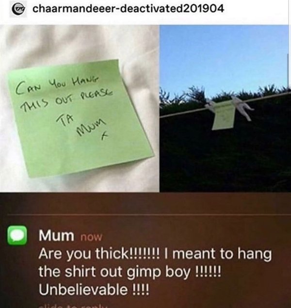 gimp boy - Can You Hang This Out Please Mum now Are you thick!!!!!!! I meant to hang the shirt out gimp boy !!!!!! Unbelievable !!!!