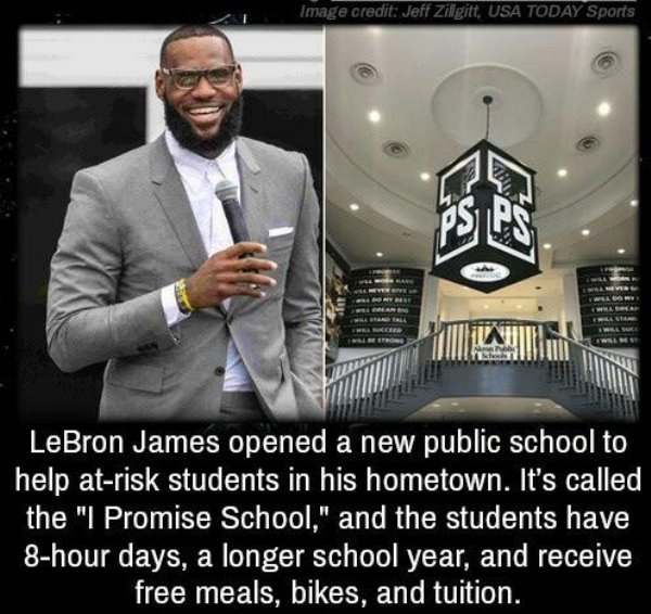 photo caption - Image credit Jeft Ziligitt, Usa Today Sports LeBron James opened a new public school to help atrisk students in his hometown. It's called the "I Promise School," and the students have 8hour days, a longer school year, and receive free meal