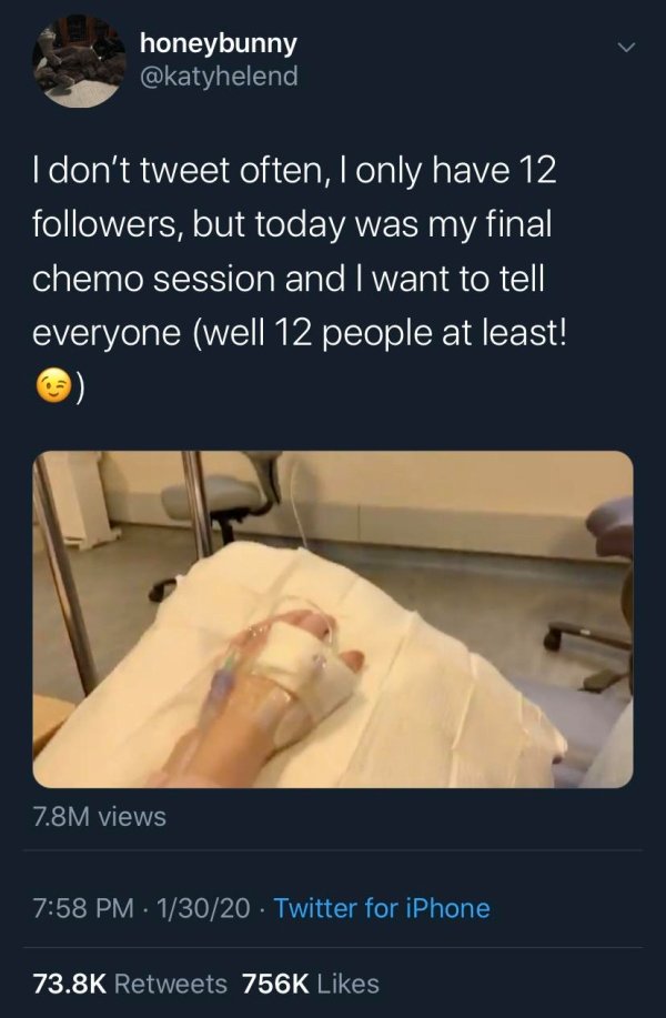 angle - honeybunny I don't tweet often, I only have 12 ers, but today was my final chemo session and I want to tell everyone well 12 people at least! 7.8M views 13020 Twitter for iPhone