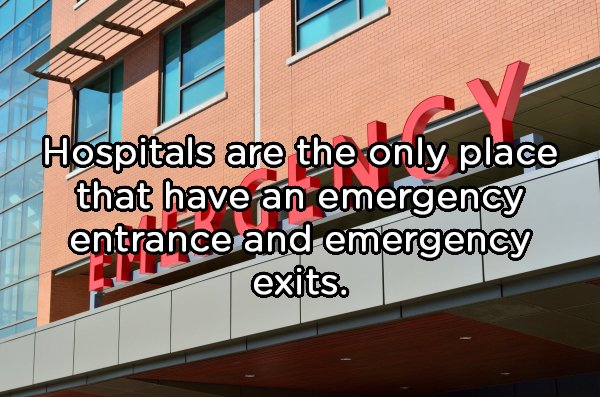 Emergency department - Hospitals are the only place that have an emergency entrance and emergency exits.