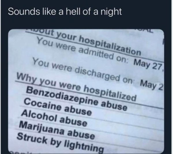 document - Sounds a hell of a night sout your hospitalization You were admitted on May 27 You were discharged on May 2 Why you were hospitalized Benzodiazepine abuse Cocaine abuse Alcohol abuse Marijuana abuse Struck by lightning