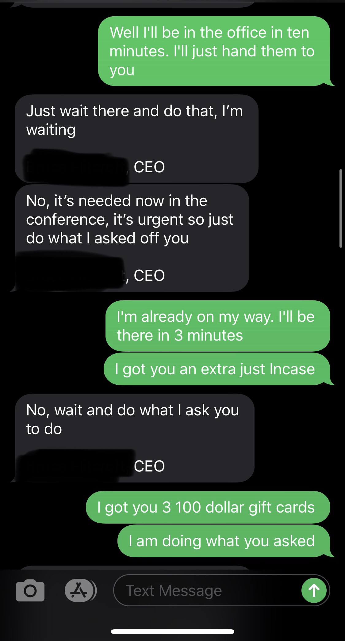 screenshot - Well I'll be in the office in ten minutes. I'll just hand them to you Just wait there and do that, I'm waiting Ceo No, it's needed now in the conference, it's urgent so just do what I asked off you Ceo I'm already on my way. I'll be there in 