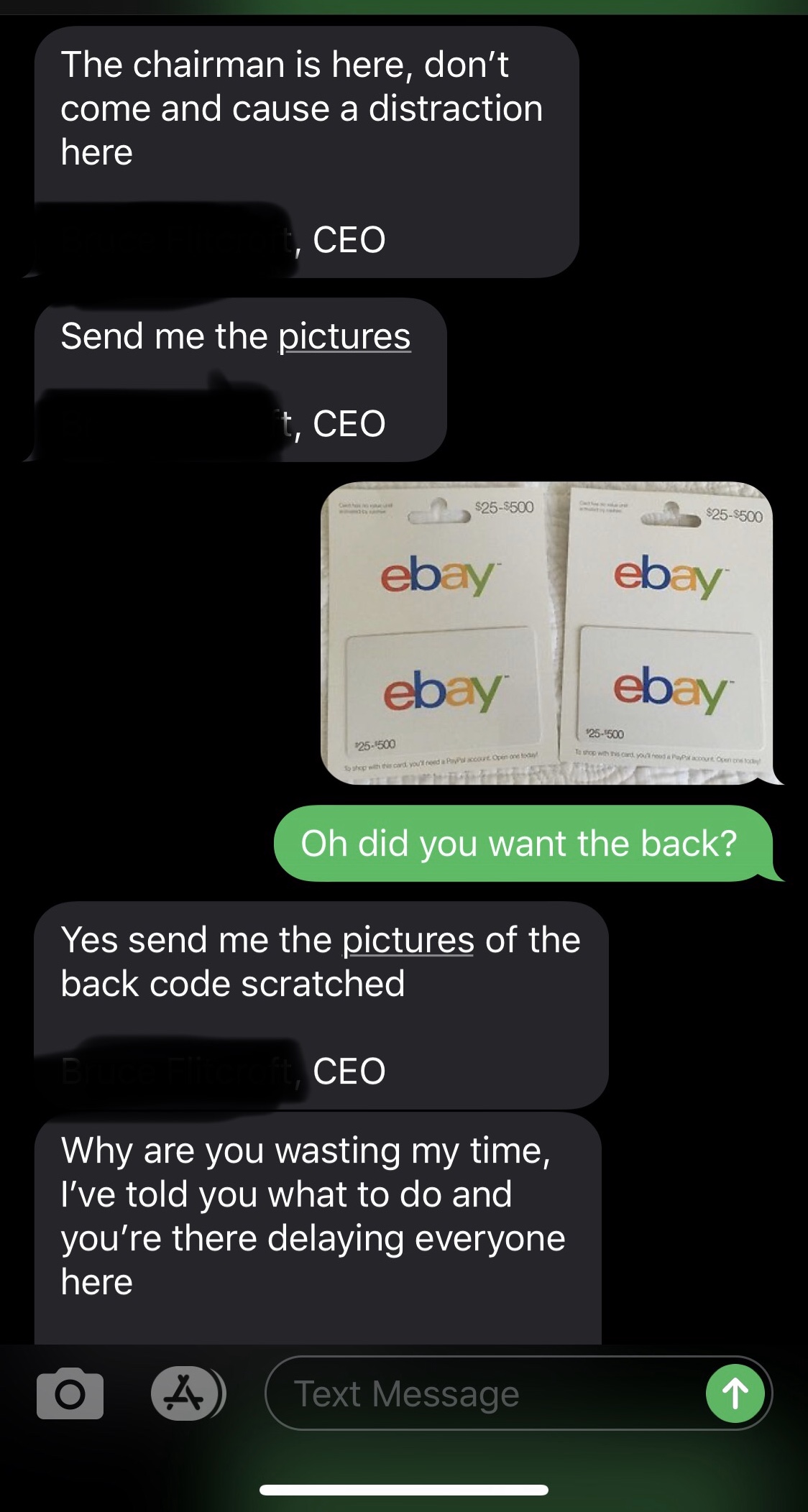 ebay - The chairman is here, don't come and cause a distraction here Ceo Send me the pictures t, Ceo 525S500 $25$500 ebay ebay ebay ebay 251500 251500 To co wis and other country out on to card you're Oh did you want the back? Yes send me the pictures of 