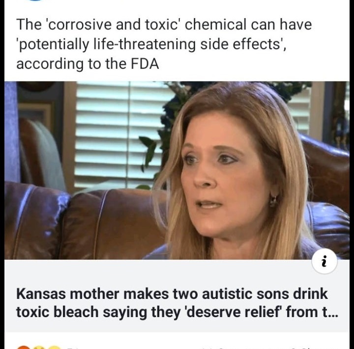 photo caption - The 'corrosive and toxic' chemical can have 'potentially lifethreatening side effects', according to the Fda Kansas mother makes two autistic sons drink toxic bleach saying they 'deserve relief from t...