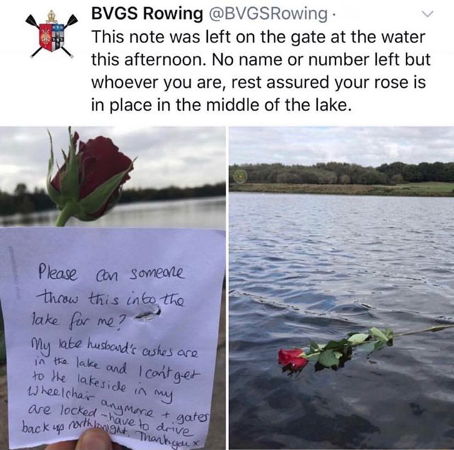 bishop vesey's grammar school - Bvgs Rowing . This note was left on the gate at the water this afternoon. No name or number left but whoever you are, rest assured your rose is in place in the middle of the lake. Please con someone throw this into the lake