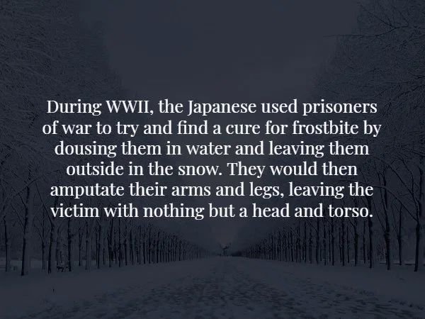 scary war facts - During Wwii, the Japanese used prisoners of war to try and find a cure for frostbite by dousing them in water and leaving them outside in the snow. They would then amputate their arms and legs, leaving the victim with nothing but a head 